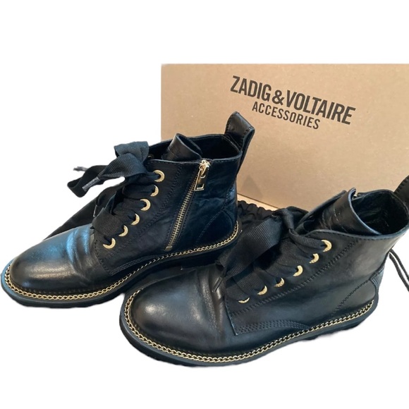 NIB Zadig & Voltaire Laureen Chain Welt Leather Boot Noir w/ gold trim MSRP$498 - Picture 2 of 16